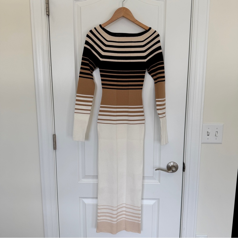 Express Black, Tan, and Cream Long Sleeve maxi midi sweater fitted Dress